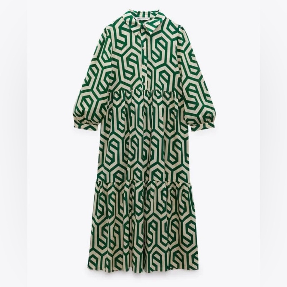 ZARA Green Geometric Print Midi Dress Bloggers Favorite Cotton Tiered Size Small